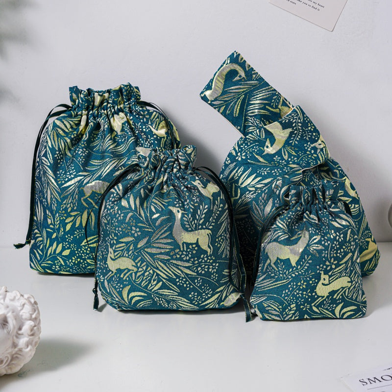 Golden Deer Brocade Drawstring Favor Bags, Embroidered Satin Evening Wedding Bridesmaid Gift Pouch