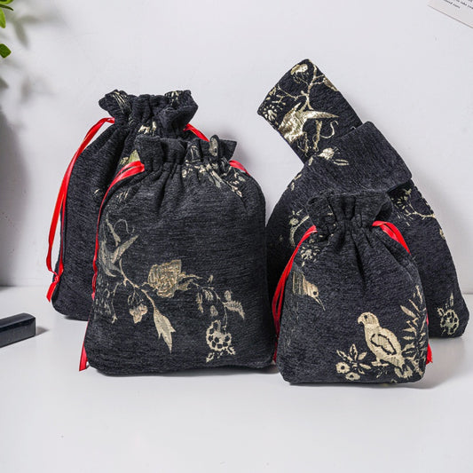 Golden Bird Brocade Drawstring Favor Bags, Embroidered Satin Evening Wedding Bridesmaid Gift Pouch