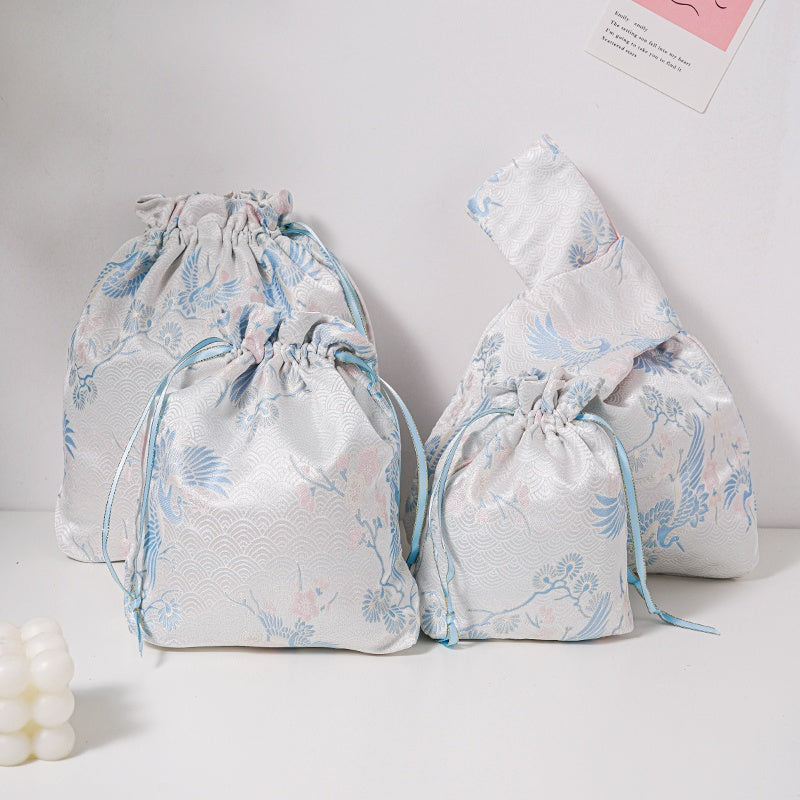 Blue Crane Brocade Drawstring Favor Bags, Embroidered Satin Evening Wedding Bridesmaid Gift Pouch