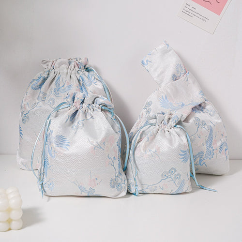 Blue Crane Brocade Drawstring Favor Bags, Embroidered Satin Evening Wedding Bridesmaid Gift Pouch