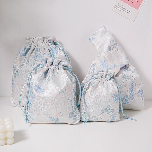 Blue Crane Brocade Drawstring Favor Bags, Embroidered Satin Evening Wedding Bridesmaid Gift Pouch