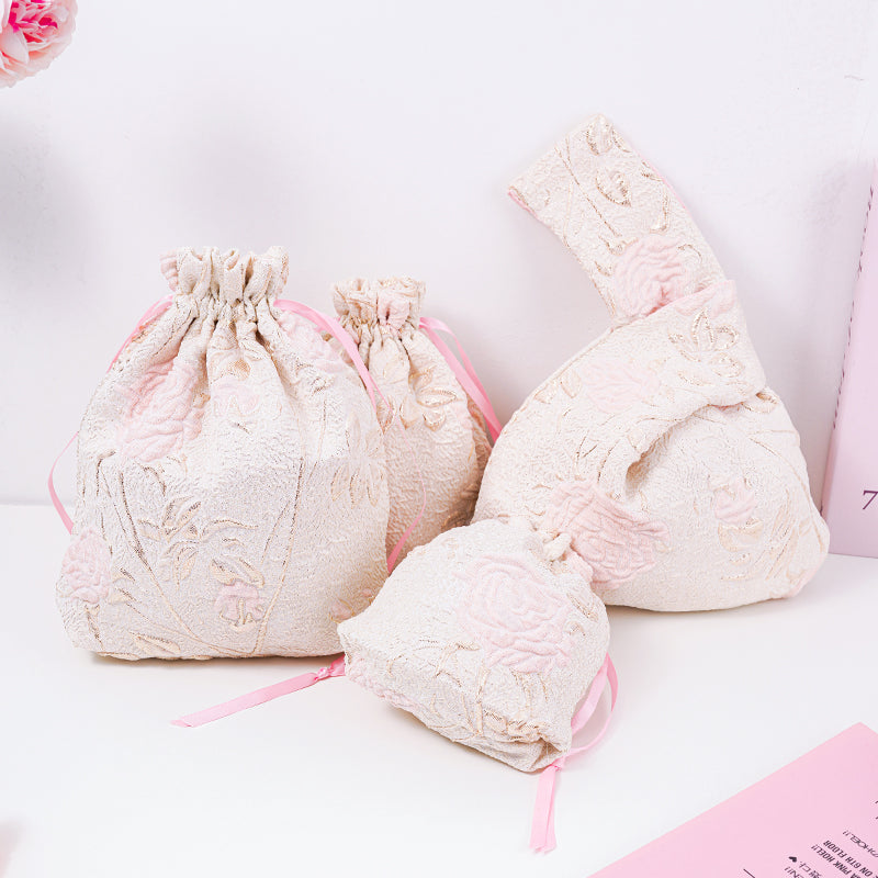 Long-stem Rose Brocade Drawstring Favor Bags, Embroidered Satin Evening Wedding Bridesmaid Gift Pouch