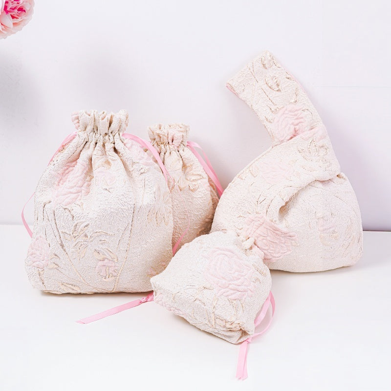 Long-stem Rose Brocade Drawstring Favor Bags, Embroidered Satin Evening Wedding Bridesmaid Gift Pouch