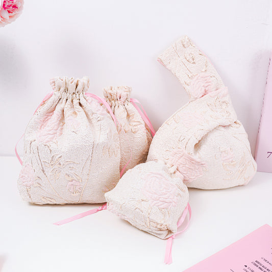 Long-stem Rose Brocade Drawstring Favor Bags, Embroidered Satin Evening Wedding Bridesmaid Gift Pouch