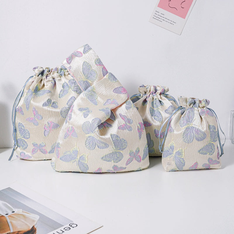 Blue Purple Butterfly Brocade Drawstring Favor Bags, Embroidered Satin Evening Wedding Bridesmaid Gift Pouch