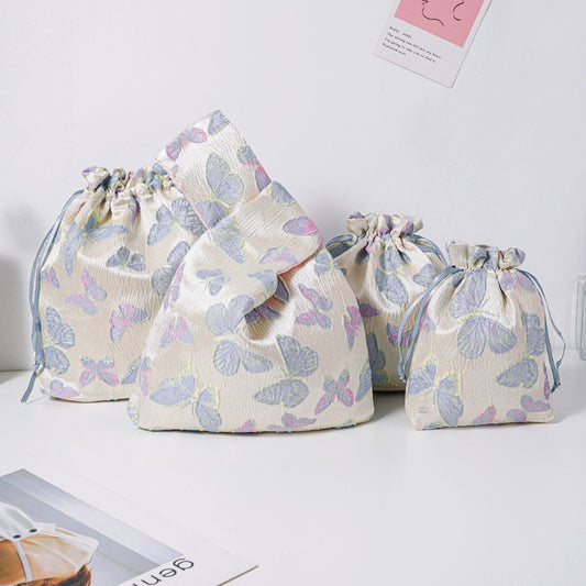 Blue Purple Butterfly Brocade Drawstring Favor Bags, Embroidered Satin Evening Wedding Bridesmaid Gift Pouch