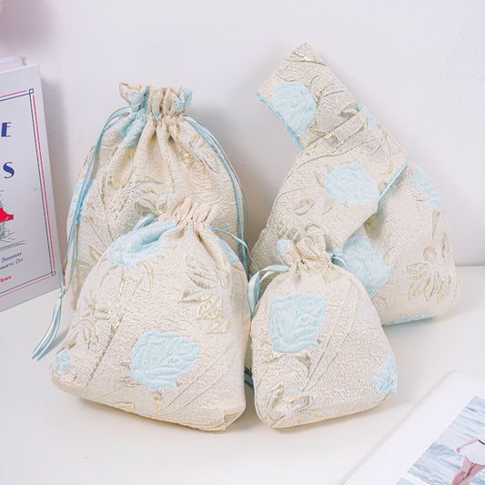 Long-stem Rose Brocade Drawstring Favor Bags, Embroidered Satin Evening Wedding Bridesmaid Gift Pouch
