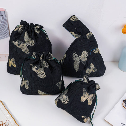 Golden Butterfly Brocade Drawstring Favor Bags, Embroidered Satin Evening Wedding Bridesmaid Gift Pouch