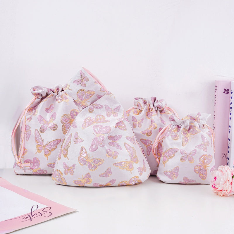 Butterfly Brocade Drawstring Favor Bags, Embroidered Satin Evening Wedding Bridesmaid Gift Pouch