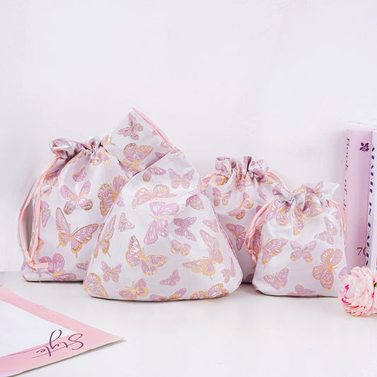 Butterfly Brocade Drawstring Favor Bags, Embroidered Satin Evening Wedding Bridesmaid Gift Pouch
