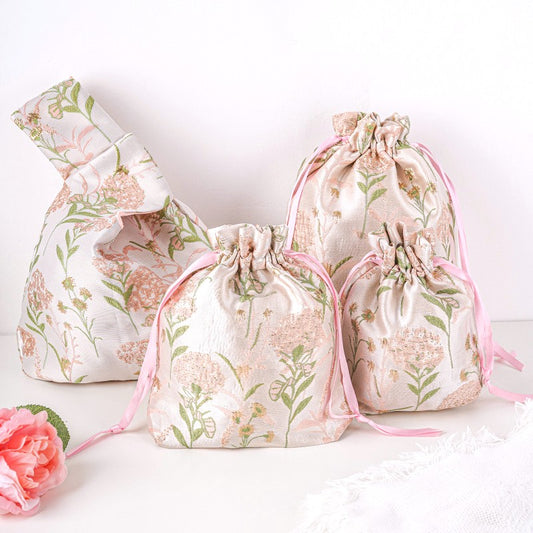 Pink Hydrangea Brocade Drawstring Favor Bags, Embroidered Satin Evening Wedding Bridesmaid Gift Pouch