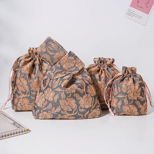 Golden Flower Brocade Drawstring Favor Bags, Embroidered Satin Evening Wedding Bridesmaid Gift Pouch