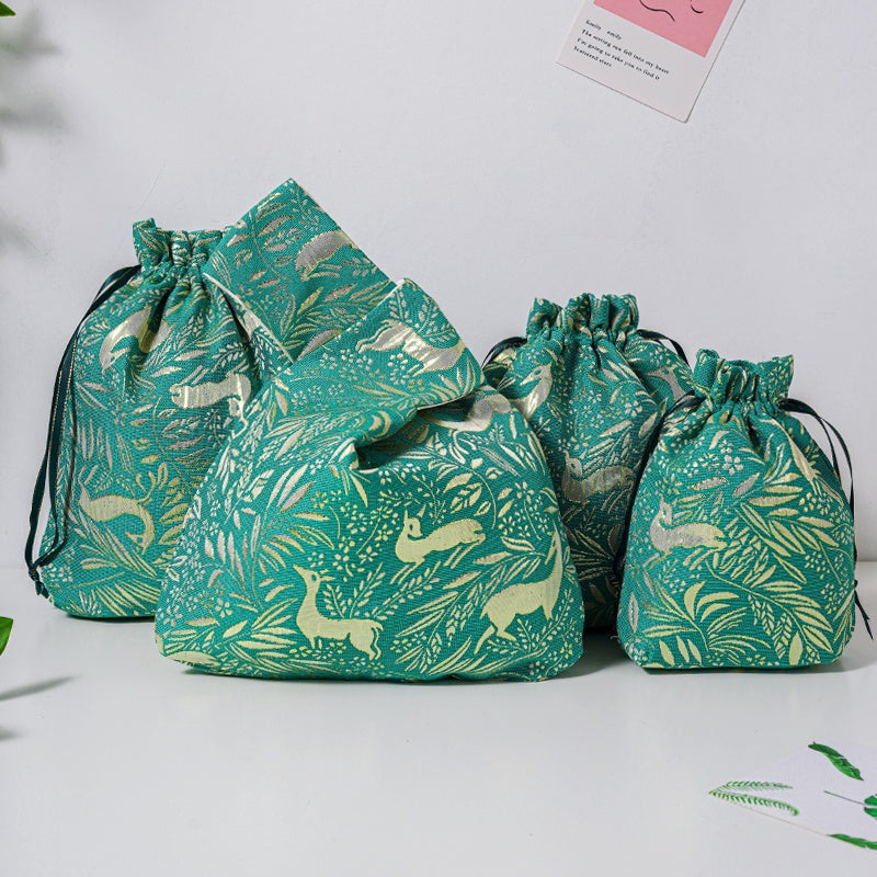Golden Deer Brocade Drawstring Favor Bags, Embroidered Satin Evening Wedding Bridesmaid Gift Pouch