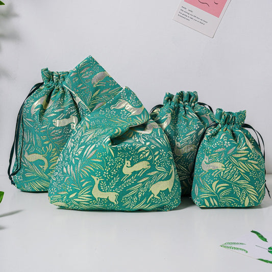 Golden Deer Brocade Drawstring Favor Bags, Embroidered Satin Evening Wedding Bridesmaid Gift Pouch