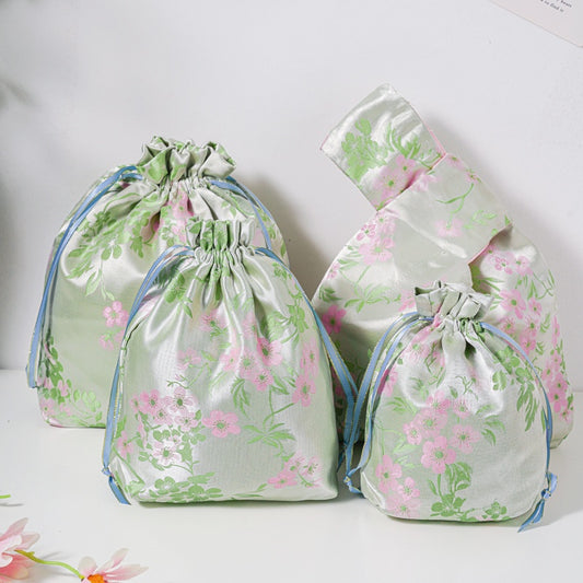 Cherry Blossom Brocade Drawstring Favor Bags, Embroidered Satin Evening Wedding Bridesmaid Gift Pouch