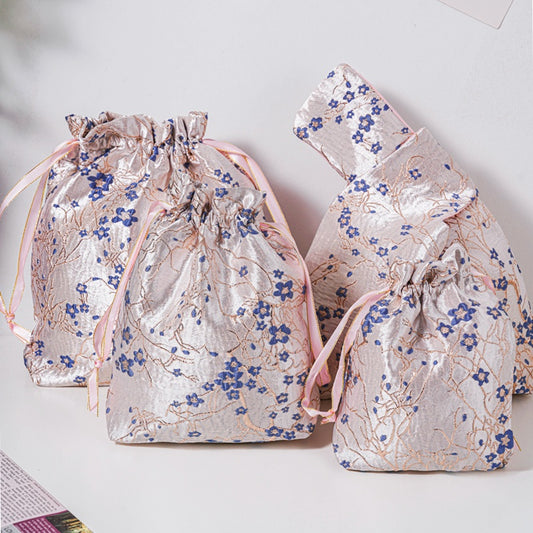 Blue Plum Blossom Brocade Drawstring Favor Bags, Embroidered Satin Evening Wedding Bridesmaid Gift Pouch