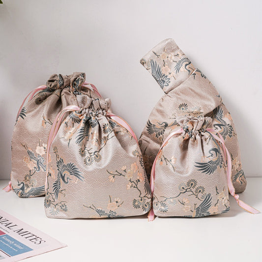 Green Crane Brocade Drawstring Favor Bags, Embroidered Satin Evening Wedding Bridesmaid Gift Pouch