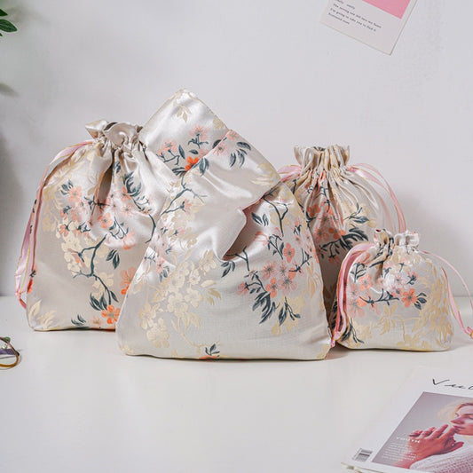 Orange Plum Blossom Brocade Drawstring Favor Bags, Embroidered Satin Evening Wedding Bridesmaid Gift Pouch