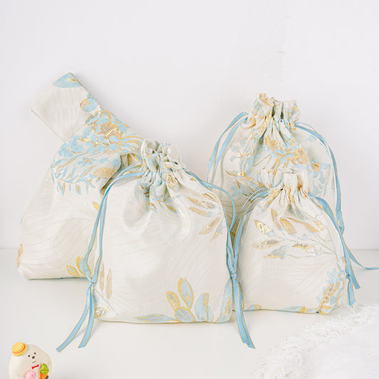 Golden Leaf Brocade Drawstring Favor Bags, Embroidered Satin Evening Wedding Bridesmaid Gift Pouch