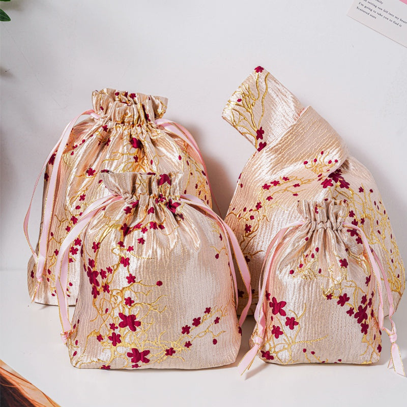 Red Plum Blossom Brocade Drawstring Favor Bags, Embroidered Satin Evening Wedding Bridesmaid Gift Pouch