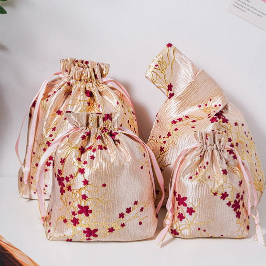 Red Plum Blossom Brocade Drawstring Favor Bags, Embroidered Satin Evening Wedding Bridesmaid Gift Pouch