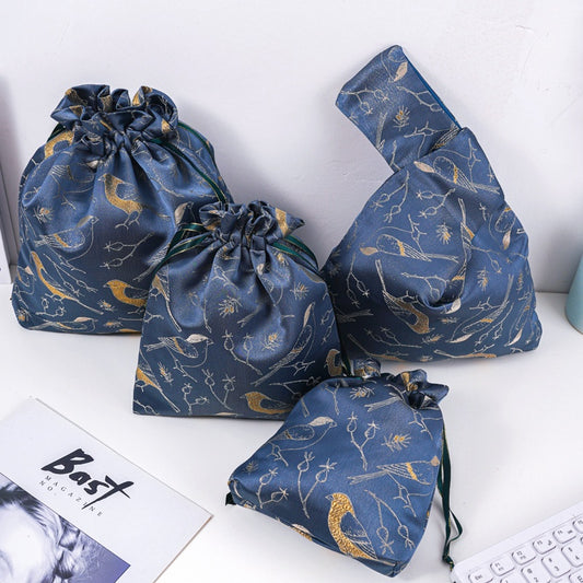 Golden Bird Brocade Drawstring Favor Bags, Embroidered Satin Evening Wedding Bridesmaid Gift Pouch
