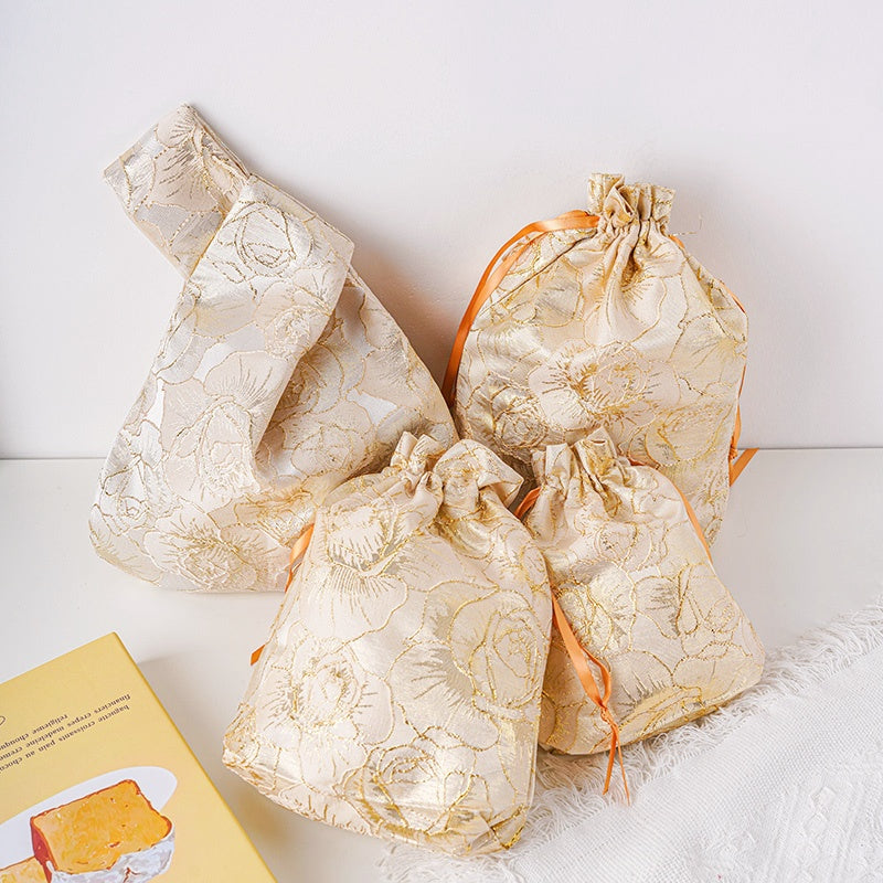 Golden Peony Brocade Drawstring Favor Bags, Embroidered Satin Evening Wedding Bridesmaid Gift Pouch