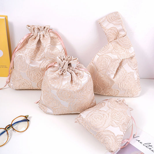 Golden Rose Brocade Drawstring Favor Bags, Embroidered Satin Evening Wedding Bridesmaid Gift Pouch