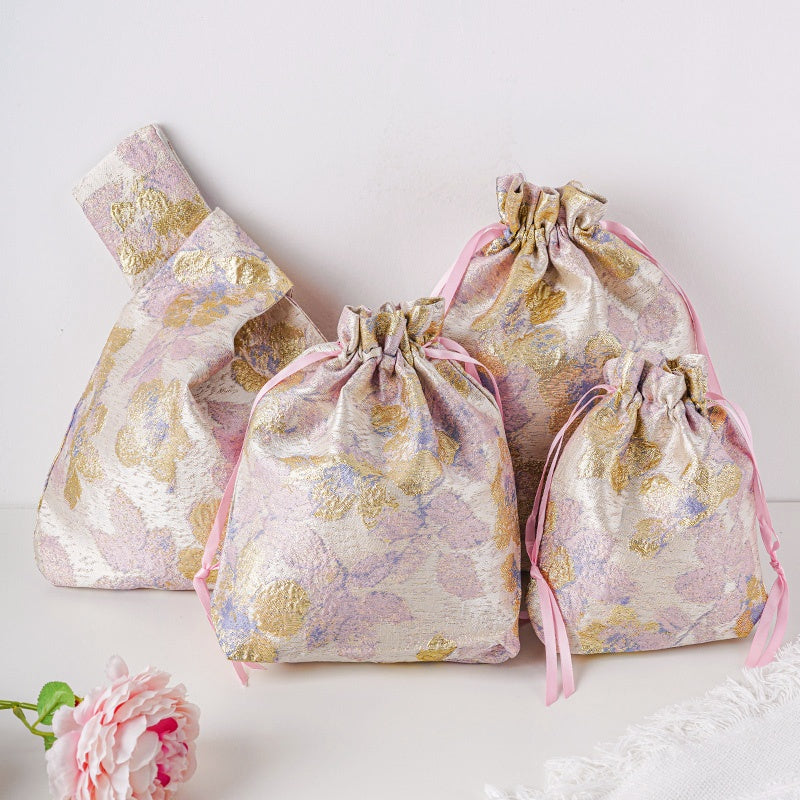 Purple Gold Flower Brocade Drawstring Favor Bags, Embroidered Satin Evening Wedding Bridesmaid Gift Pouch