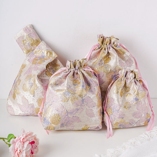 Purple Gold Flower Brocade Drawstring Favor Bags, Embroidered Satin Evening Wedding Bridesmaid Gift Pouch