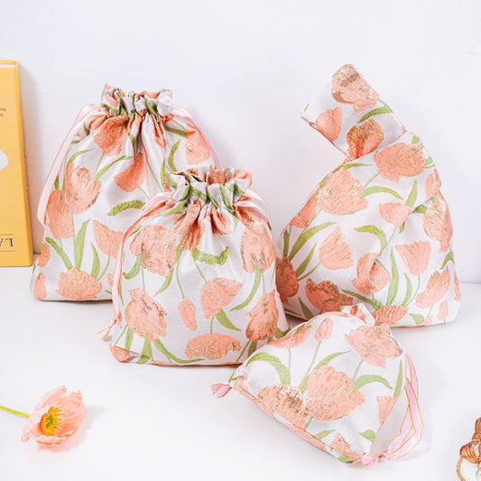 Tulip Brocade Drawstring Favor Bags, Embroidered Satin Evening Wedding Bridesmaid Gift Pouch