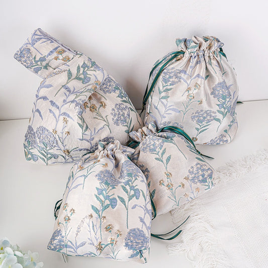 Blue Hydrangea Brocade Drawstring Favor Bags, Embroidered Satin Evening Wedding Bridesmaid Gift Pouch - 1