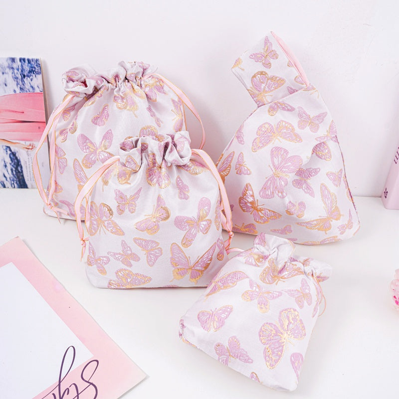 Butterfly Brocade Drawstring Favor Bags, Embroidered Satin Evening Wedding Bridesmaid Gift Pouch - 1