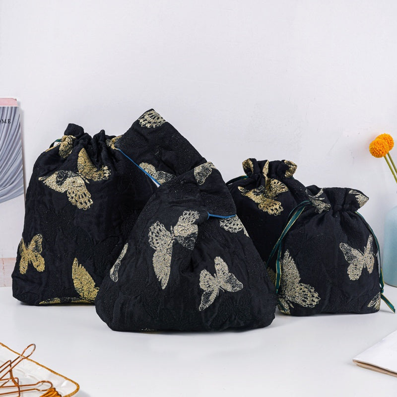 Golden Butterfly Brocade Drawstring Favor Bags, Embroidered Satin Evening Wedding Bridesmaid Gift Pouch - 1