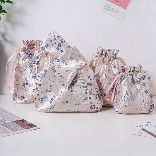 Blue Plum Blossom Brocade Drawstring Favor Bags, Embroidered Satin Evening Wedding Bridesmaid Gift Pouch - 1