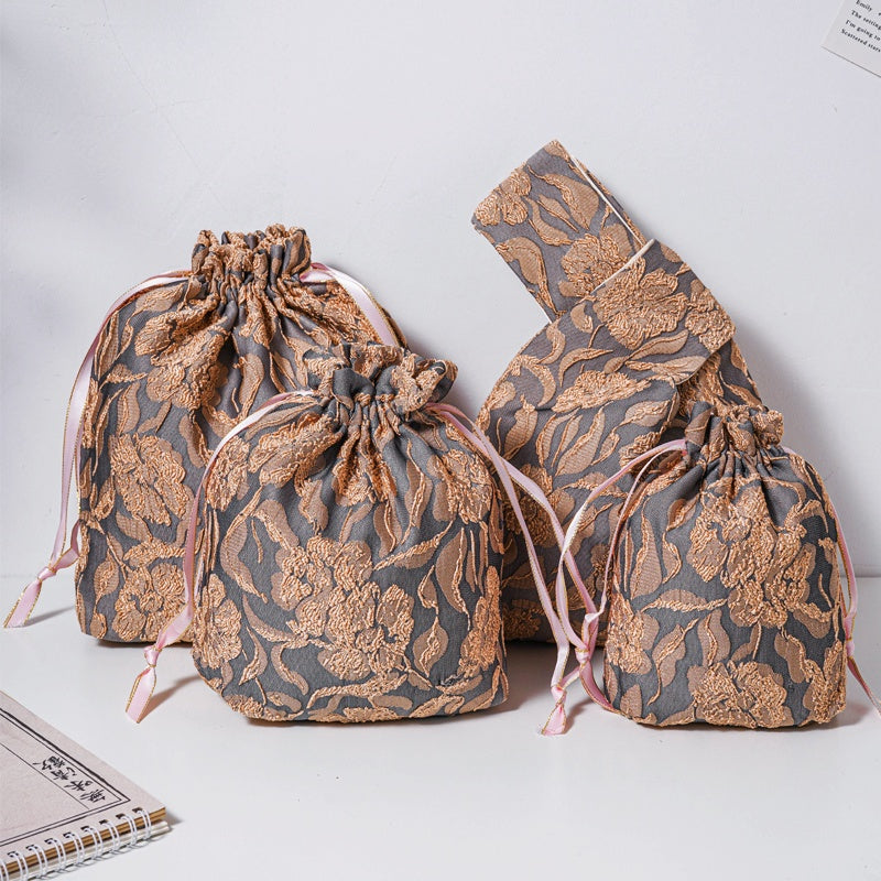 Golden Flower Brocade Drawstring Favor Bags, Embroidered Satin Evening Wedding Bridesmaid Gift Pouch - 1