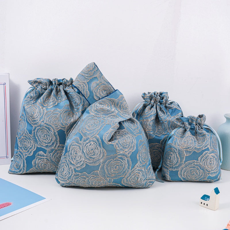 Golden Rose Brocade Drawstring Favor Bags, Embroidered Satin Evening Wedding Bridesmaid Gift Pouch - 1