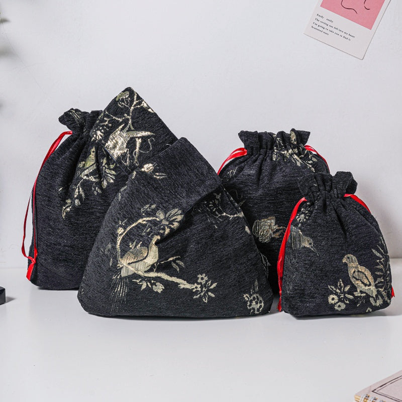Golden Bird Brocade Drawstring Favor Bags, Embroidered Satin Evening Wedding Bridesmaid Gift Pouch - 1