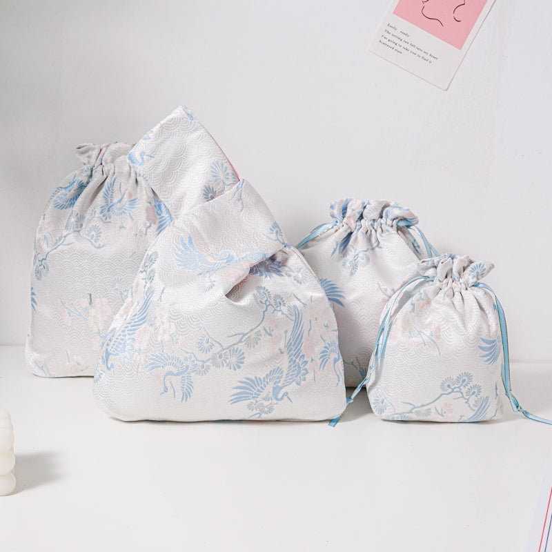 Blue Crane Brocade Drawstring Favor Bags, Embroidered Satin Evening Wedding Bridesmaid Gift Pouch - 1