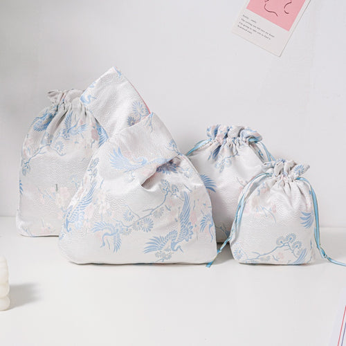 Blue Crane Brocade Drawstring Favor Bags, Embroidered Satin Evening Wedding Bridesmaid Gift Pouch - 1