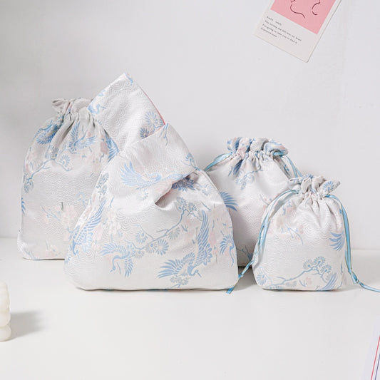 Blue Crane Brocade Drawstring Favor Bags, Embroidered Satin Evening Wedding Bridesmaid Gift Pouch - 1