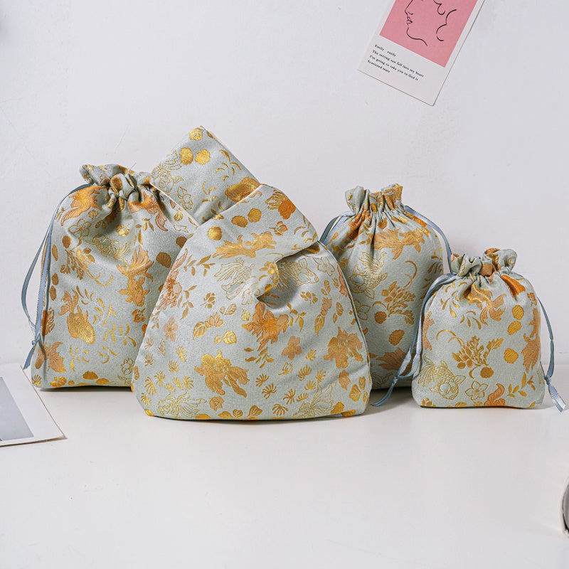Golden Goldfish Brocade Drawstring Favor Bags, Embroidered Satin Evening Wedding Bridesmaid Gift Pouch - 1