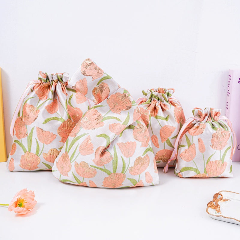 Tulip Brocade Drawstring Favor Bags, Embroidered Satin Evening Wedding Bridesmaid Gift Pouch - 1