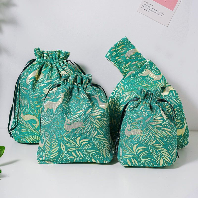 Golden Deer Brocade Drawstring Favor Bags, Embroidered Satin Evening Wedding Bridesmaid Gift Pouch - 1