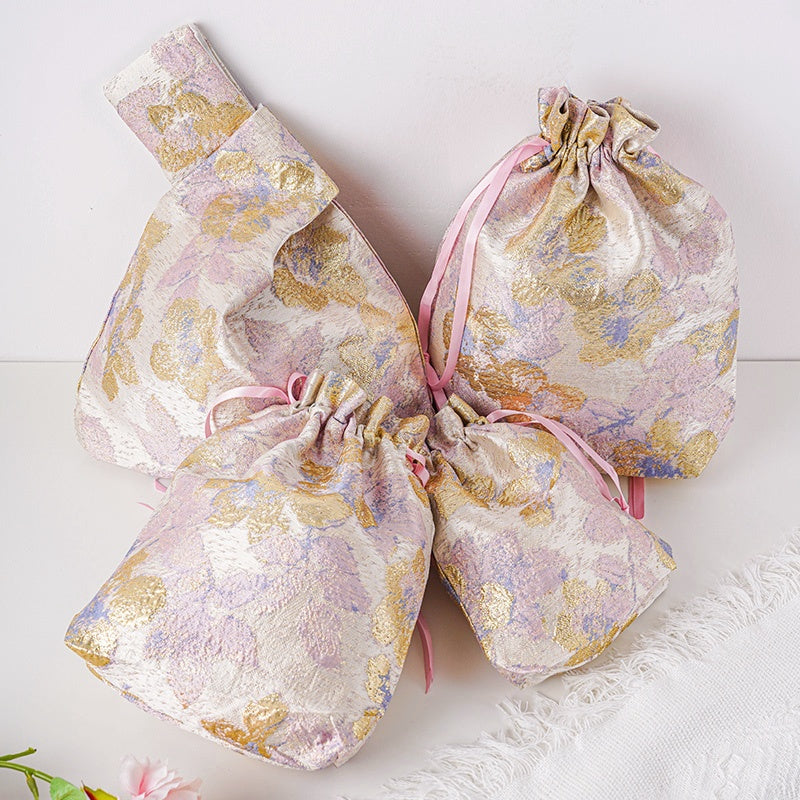 Purple Gold Flower Brocade Drawstring Favor Bags, Embroidered Satin Evening Wedding Bridesmaid Gift Pouch - 1