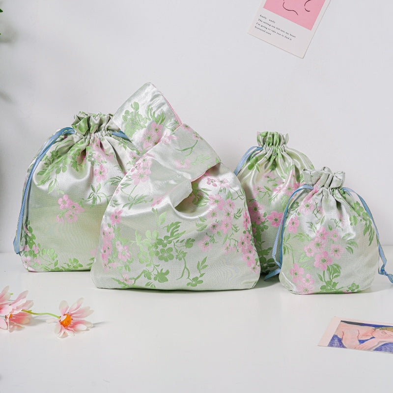 Cherry Blossom Brocade Drawstring Favor Bags, Embroidered Satin Evening Wedding Bridesmaid Gift Pouch - 1