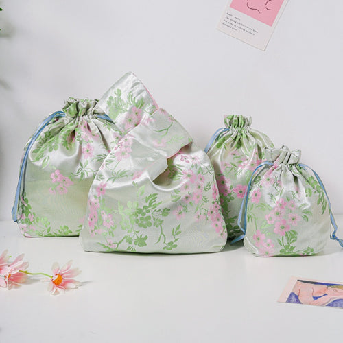 Cherry Blossom Brocade Drawstring Favor Bags, Embroidered Satin Evening Wedding Bridesmaid Gift Pouch - 1