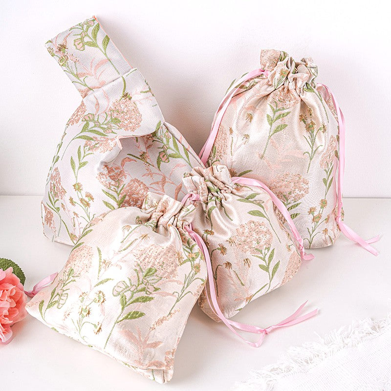 Pink Hydrangea Brocade Drawstring Favor Bags, Embroidered Satin Evening Wedding Bridesmaid Gift Pouch - 1