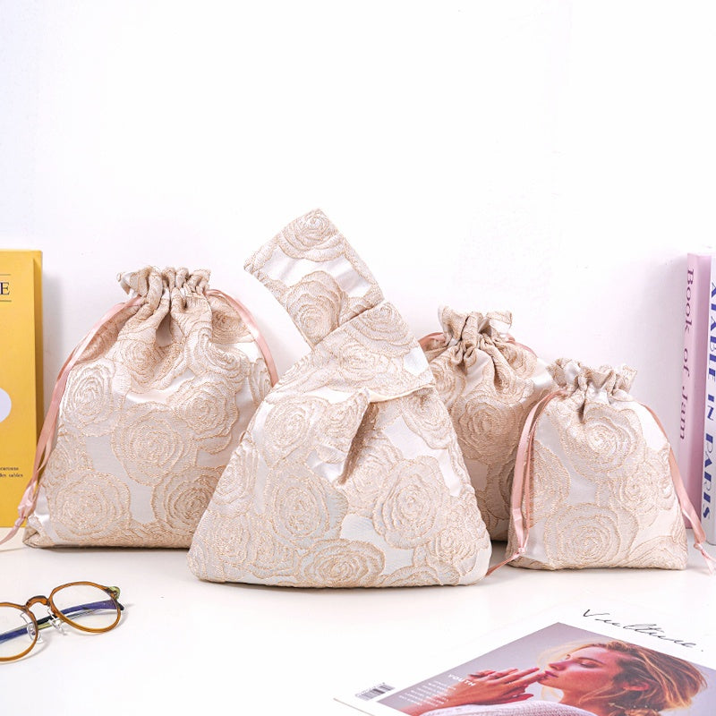 Golden Rose Brocade Drawstring Favor Bags, Embroidered Satin Evening Wedding Bridesmaid Gift Pouch - 1