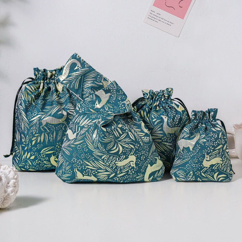 Golden Deer Brocade Drawstring Favor Bags, Embroidered Satin Evening Wedding Bridesmaid Gift Pouch - 1